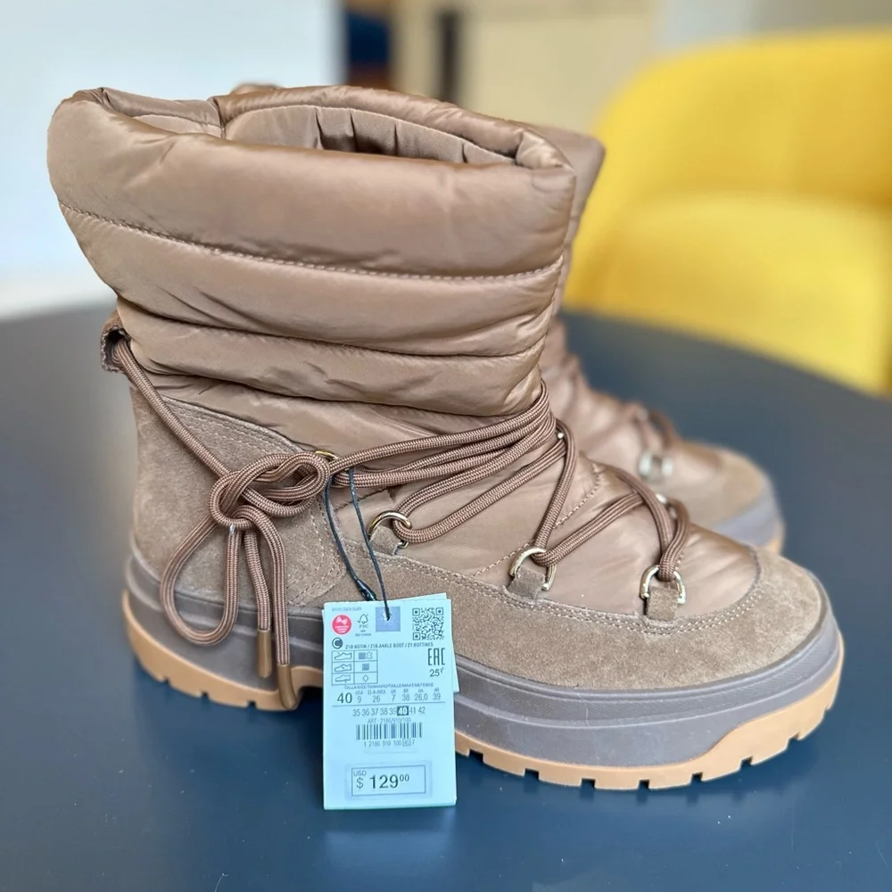ZARA Viral Puffer Ankle Boots Brown Suede Nylon Winter Lace Up Chunky Sole NWT 9
